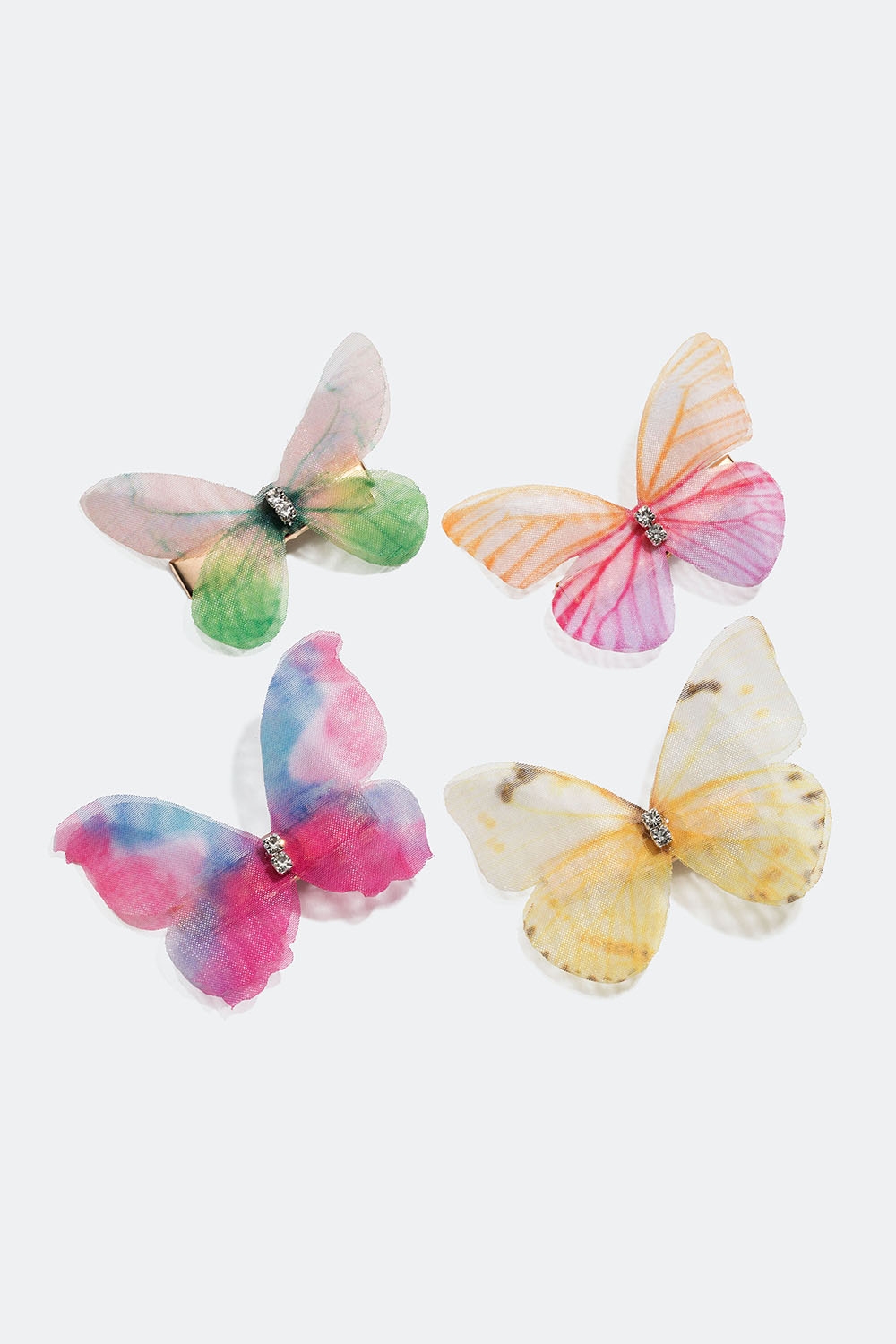 Kullanväriset hiussoljet, joissa eri värisiä perhosia, 4 kpl ryhmässä Hiustuotteet / Hiuspinnit ja -klipsit / Hiuspinnit @ Glitter (335001104400)