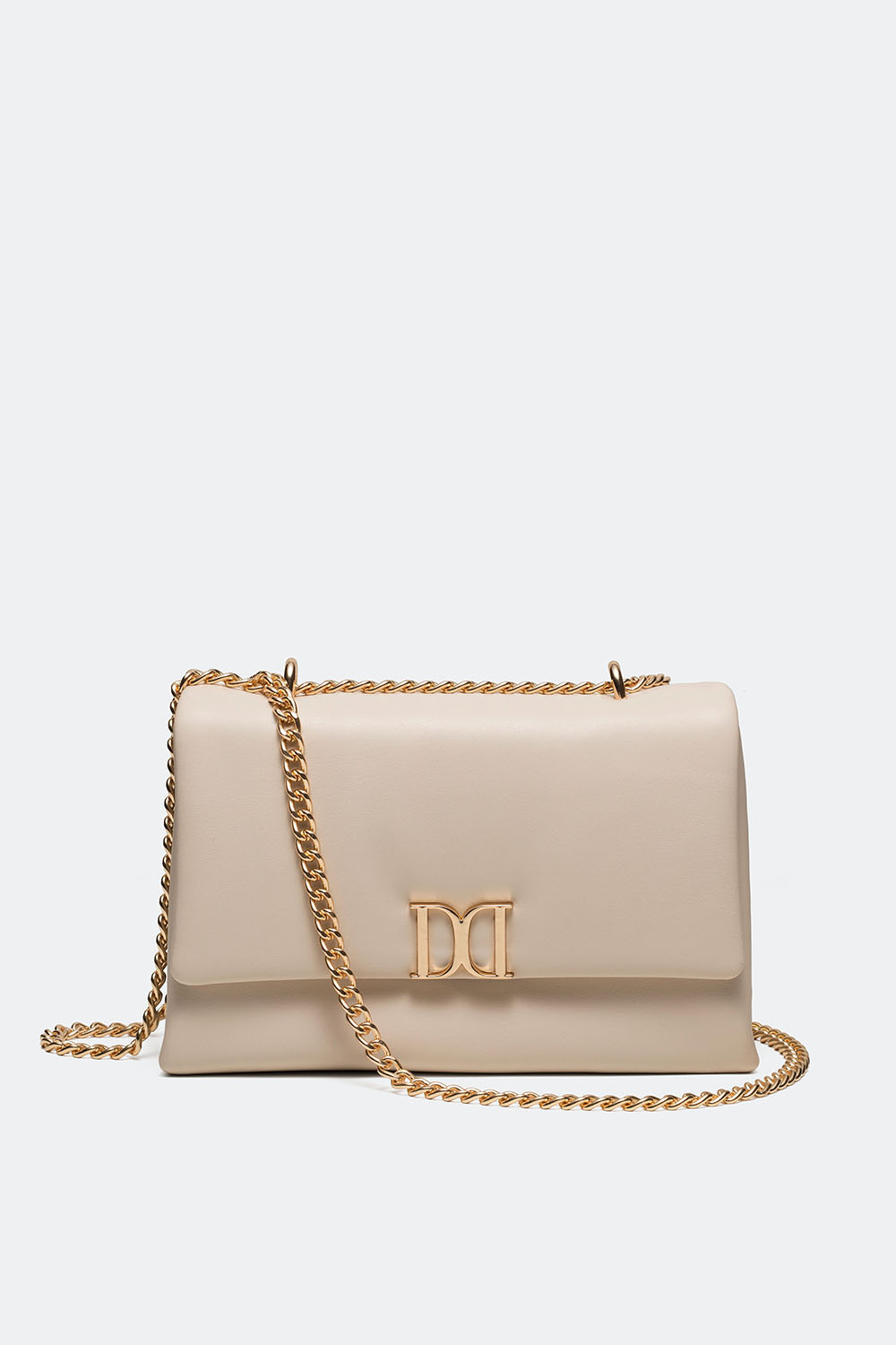 Valkoinen tikattu olkalaukku toppakankaasta