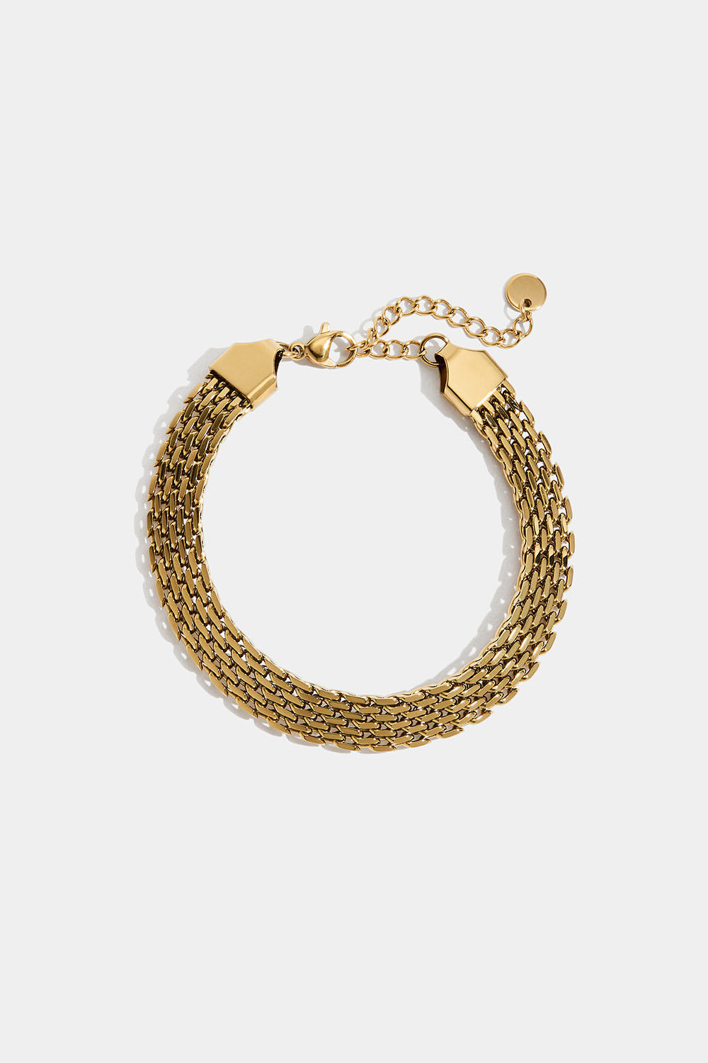 Litteä teräksinen ranneketju, jossa 18k kultaus